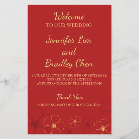 Carte du programme de mariage Red & Gold Cherry Bl (Devant)