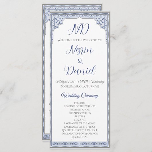 Carte du programme de mariage royal turc (Devant / Derrière)