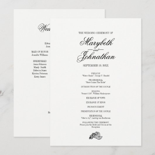 Carte du programme de mariage Toile & Calligraphie (Devant / Derrière)