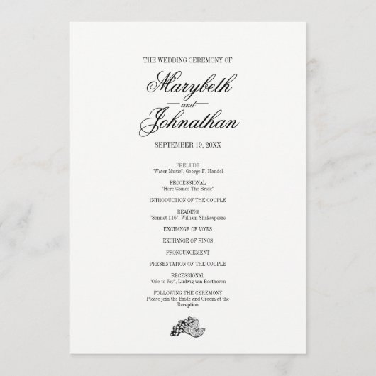 Carte du programme de mariage Toile & Calligraphie (Devant)