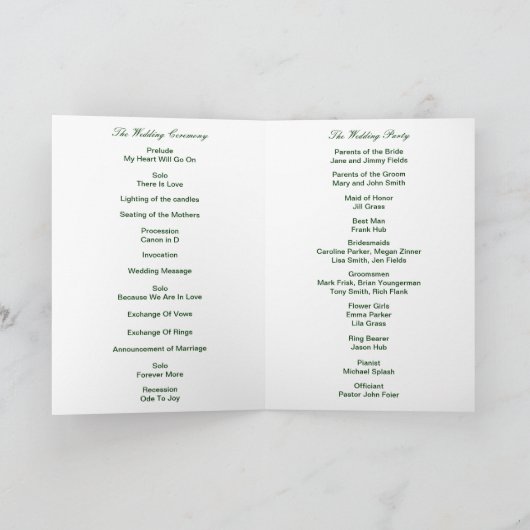 Carte du programme de mariage vert Diamond Heart (Intérieur)