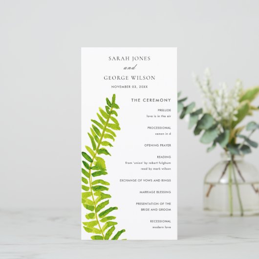 Carte du programme de mariage Vibrant Green Fern F (Debout devant)