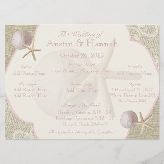 Carte du programme de mariage vintage Beach (Devant)