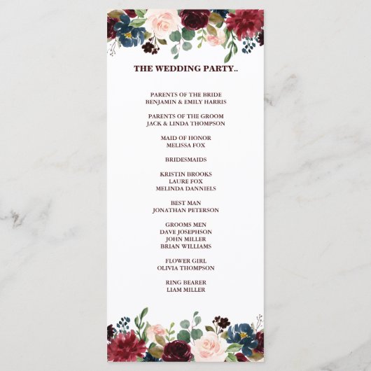 Carte du programme Floral Rustic Boho de la Marine (Dos)