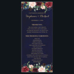 Carte du programme Floral Rustic Boho de la Marine<br><div class="desc">Carte du programme de mariage de la marine rouge bordeaux florale rustique de la marine. Parfait pour un mariage de automne. Le design comprend un bouquet époustouflant de bordeaux / Marsala, pêche, fleurs marines / roses avec feuilles assortis. S'il vous plaît trouver d'autres modèles et variantes dans mon magasin "blissweddingpaperie"....</div>