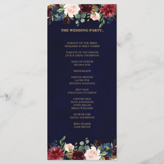 Carte du programme Floral Rustic Boho de la Marine (Dos)