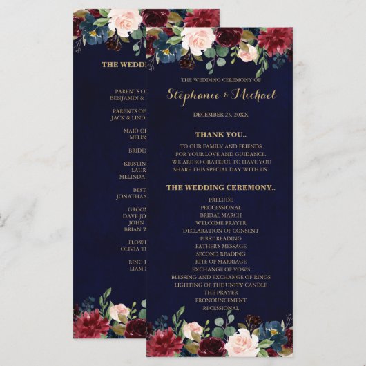 Carte du programme Floral Rustic Boho de la Marine (Devant / Derrière)