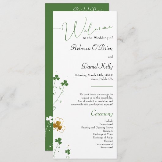 Carte du programme mariage élégant shamrock Fleur  (Devant / Derrière)