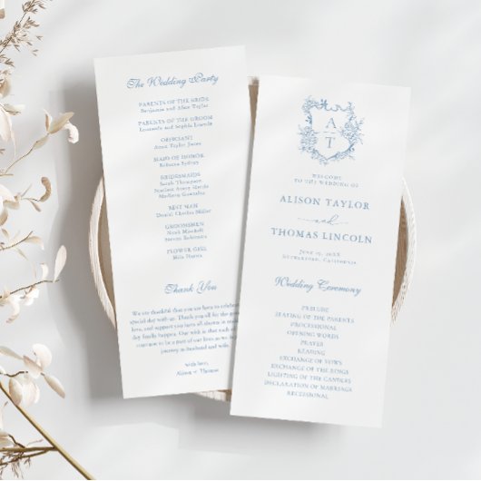 Carte du programme Monogram Crest Dusty Blue Weddi