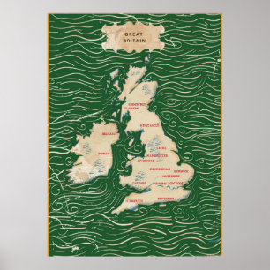 Carte du Royaume-Uni Affiche Vintage