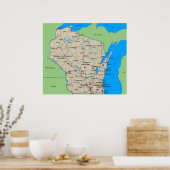 Carte du Wisconsin Poster vert (en plusieurs taill (Cuisine)