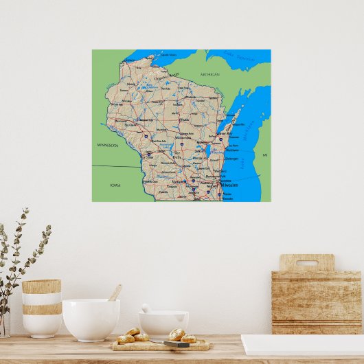 Carte du Wisconsin Poster vert (en plusieurs taill (Cuisine)
