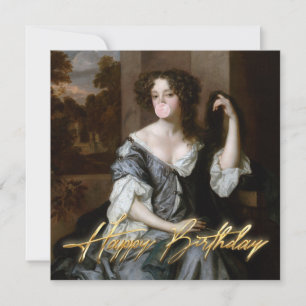 Carte Duchesse soufflant un bubble gum rose Joyeux Anniv
