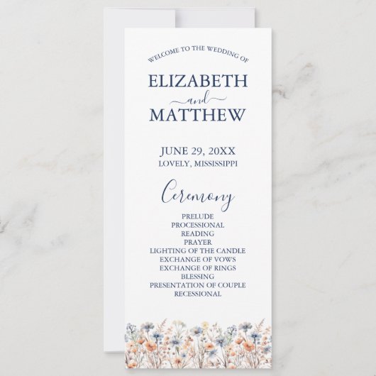 Carte Dusty Blue et Peach Fleurs sauvages Wedding Progra (Devant)