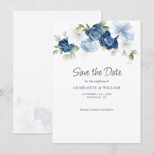 Carte Dusty Blue Floral Enregistrer La Date Annonce (Devant / Derrière)