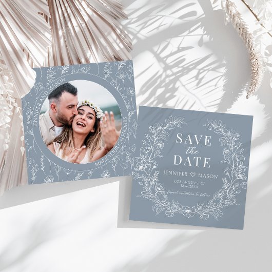 Carte Dusty blue floral Enregistrer l'invitation photo D