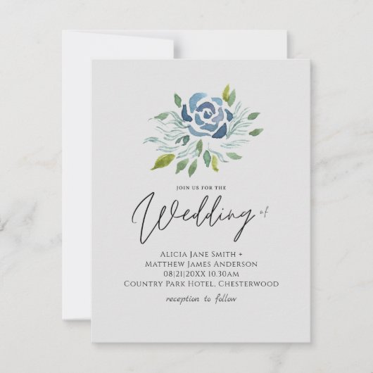 Carte Dusty Blue Floral Mariage Élégant budget moderne (Devant)