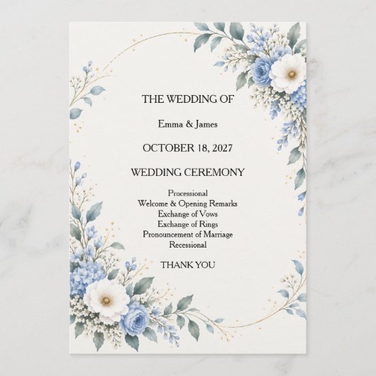 Carte Dusty Blue Floral Wedding Ceremony Program (Devant)