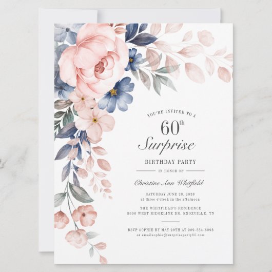 Carte Dusty Blue Rose Floral Surprise 60e anniversaire (Devant)