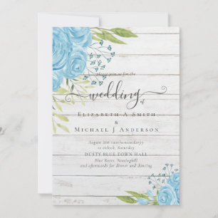 Carte Dusty Blue Roses Rustic Driftwood Wedding Invite