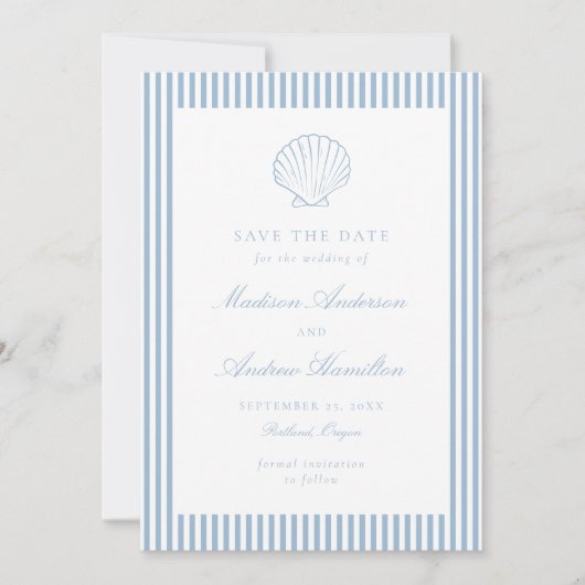 Carte Dusty Blue Stripe Shell Wedding Save the Date (Devant)