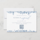 Carte Dusty Blue Toile Roses Élégant Mariage QR Réponse (Devant)
