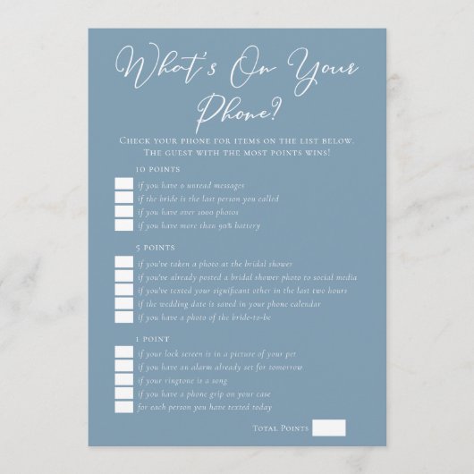 Carte Dusty Blue What's On Your Phone Bridal Shower (Devant)