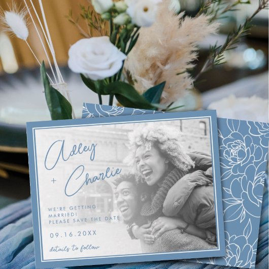 Carte Dusty Blue & White Botanical Wedding Enregistrer l
