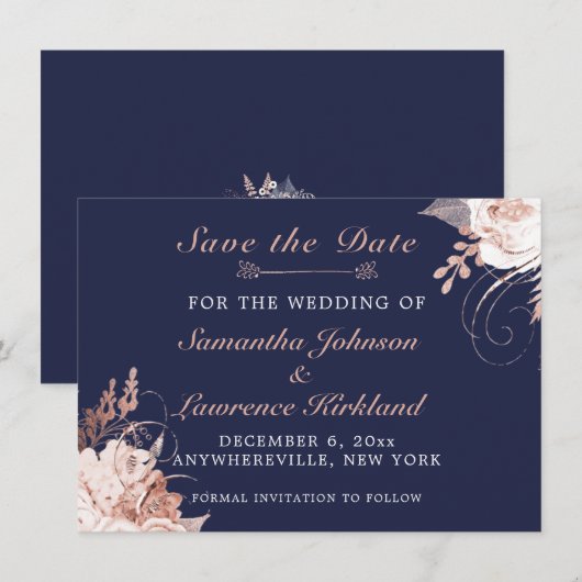 Carte Dusty Rose Blanc Floral Navy Bleu Enregistrer la d (Devant / Derrière)