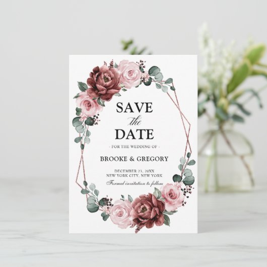 Carte Dusty rose Rose géométrique Enregistrer la date (Debout devant)