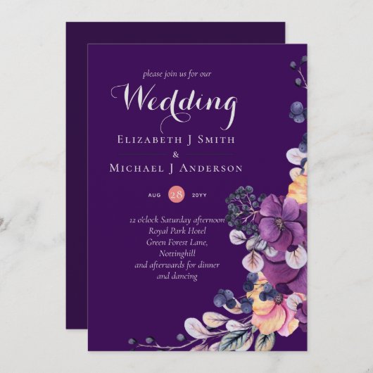 Carte Dynastie Gingembre Violet Mariage Floral Invite En (Devant / Derrière)