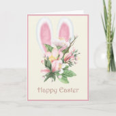 Carte Ears Bunny de Pâques et Aquarelle rose Fleur (Devant)