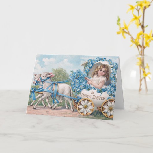 Carte Easter egg carriage ride with lambs (Fleur jaune)