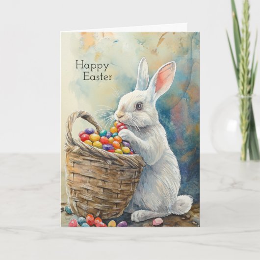 Carte Easter rabbit eats jelly beans watercolor (Devant)