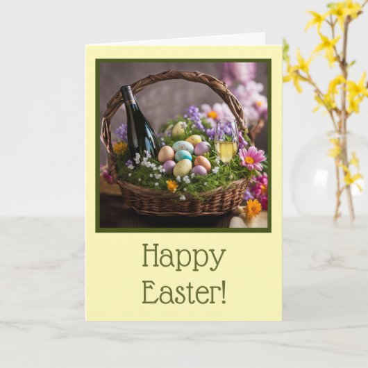 Carte Easter with Basket Eggs Flowers and Wine  (Fleur jaune)