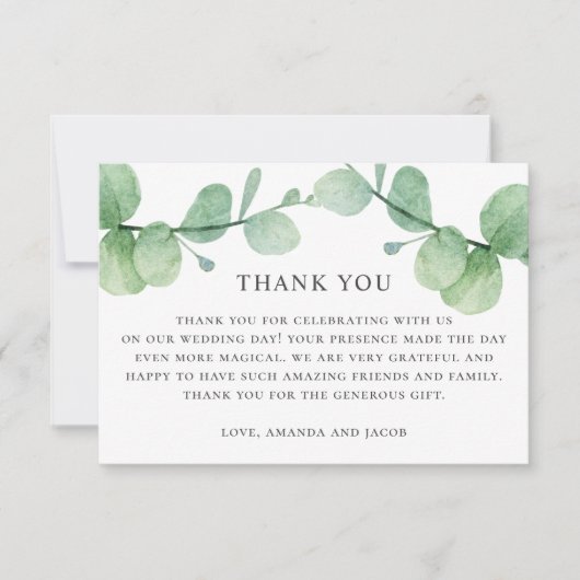 Carte Eau-couleur eucalyptus. Mariage de verdure merci (Devant)