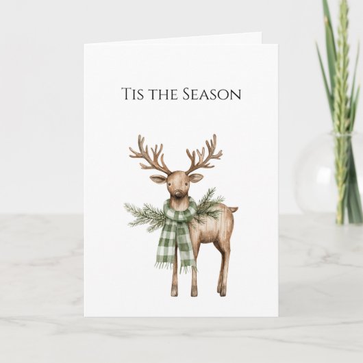 Carte Écharpe de Noël verte crème cerf marron rustique (Devant)