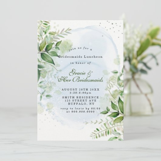 Carte Éclairée Dusty Blue Bridesmaids Luncheon Invitatio (Debout devant)