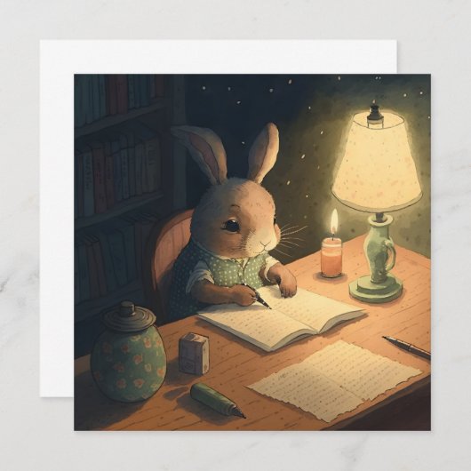 Carte Écriture de lapin au bureau - (Devant / Derrière)