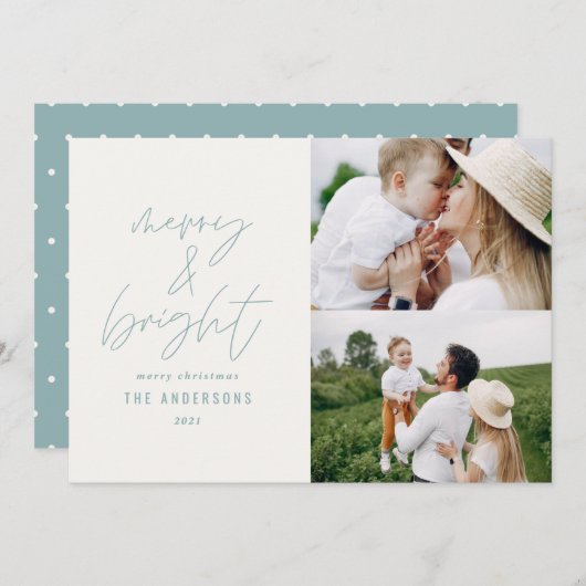 Carte Écriture moderne 2 photo bleu poussiéreux Noël (Devant / Derrière)