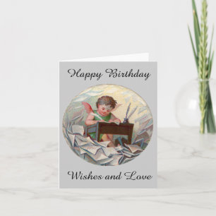 Carte Écriture vintage d'enfant d'ange d'anniversaire au