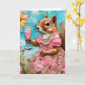 Carte Écureuil avec robe rose et un verre (Fleur jaune)
