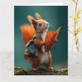 Carte Écureuil avec sac à dos et feuille d'automne (Fleur jaune)