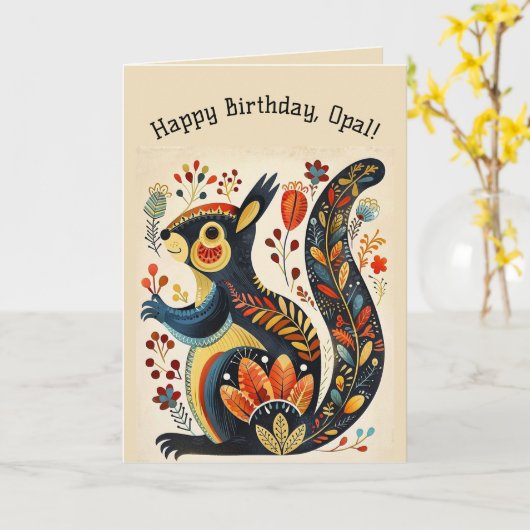 Carte Écureuil d'art folklorique modifiable (Fleur jaune)