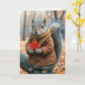 Carte Écureuil d'automne tenant une feuille d'érable rou (Fleur jaune)