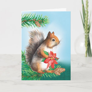 Carte Écureuil de Noël tenant de la fleur de Poinsettia