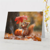 Carte Écureuil mignon avec parapluie à feuilles - Pluie (Fleur jaune)