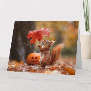 Carte Écureuil mignon avec parapluie à feuilles - Pluie 