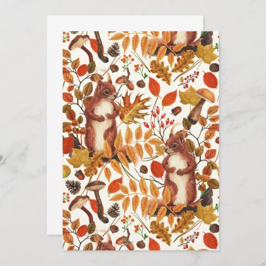 Carte Écureuils d'automne et flore automnale sur le blan (Devant / Derrière)