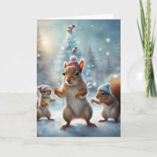 Carte Écureuils jouant dans la neige Noël